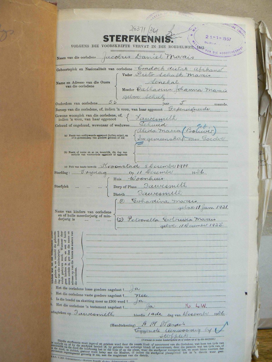 MARAIS Jacobus Daniel - oorlede 11 Des 1936 MARAIS Jacobus Daniel - oorlede 11 Des 1936