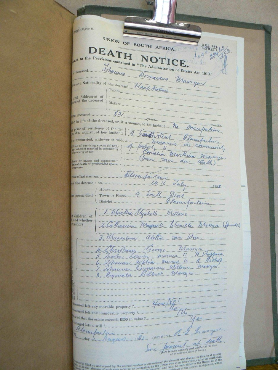 MASSYN Johannes Bernardus - oorlede 14 Jul 1928 MASSYN Johannes Bernardus - oorlede 14 Jul 1928