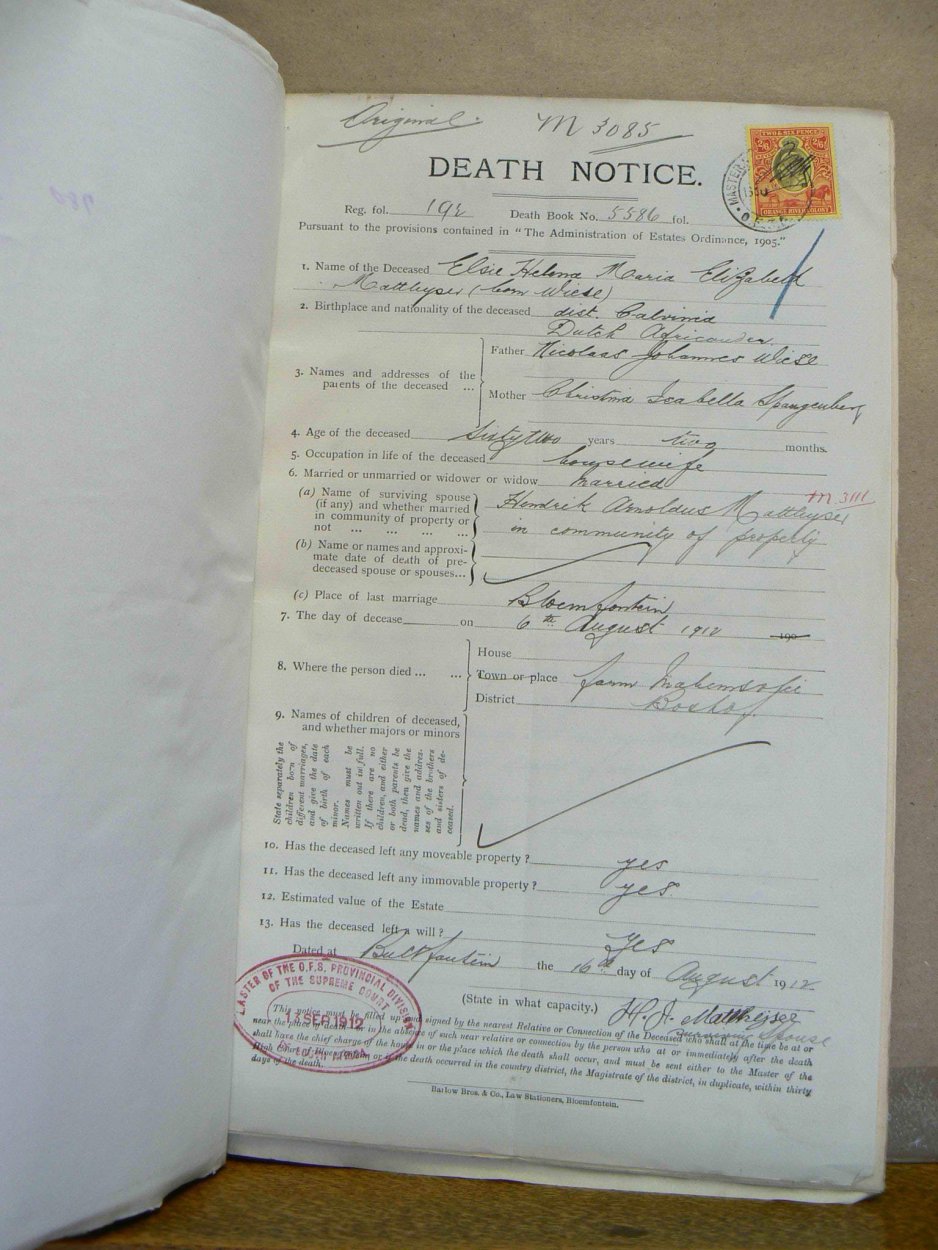 MATTHYSER ELsie Helena Maria Elizabeth nee WIESE - oorlede 6 Aug 1912 MATTHYSER ELsie Helena Maria Elizabeth nee WIESE - oorlede 6 Aug 1912
