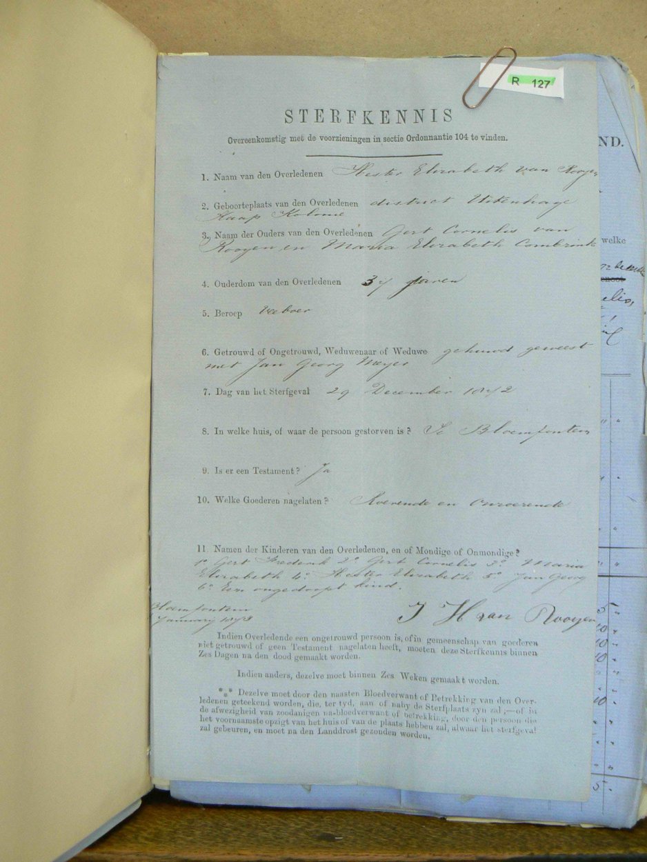MEYER Hester Elisabeth nee VAN ROOYEN - oorlede 29 Des 1872 MEYER Hester Elisabeth nee VAN ROOYEN - oorlede 29 Des 1872