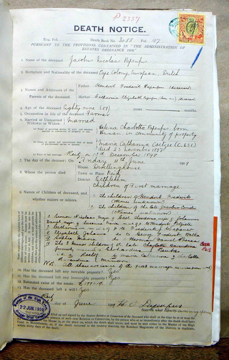 PAPENFUS Jacobus Nicolaas - oorlede 11 Jun 1909 PAPENFUS Jacobus Nicolaas - oorlede 11 Jun 1909