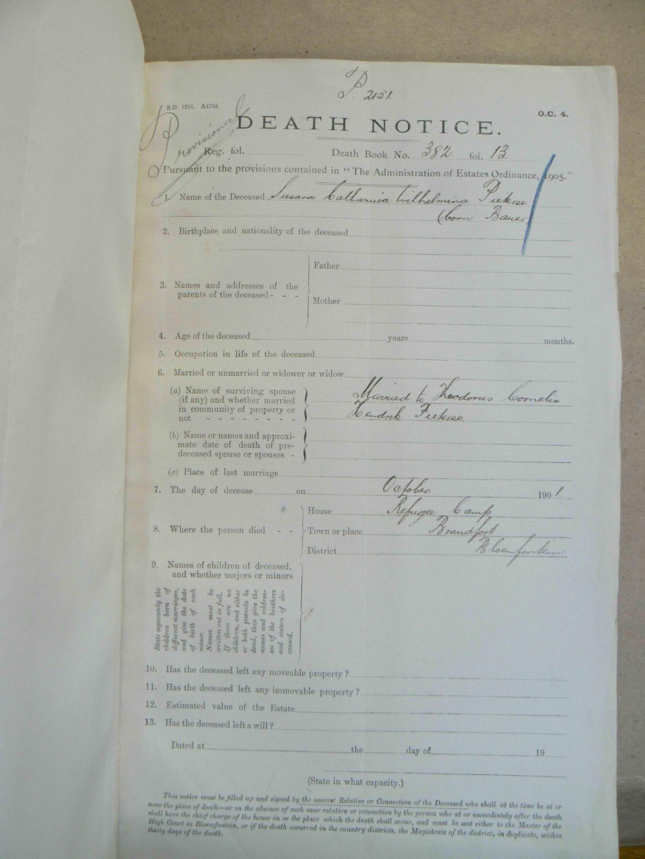 PIETERSE Susara Catharina Wilhelmina nee BAUER - oorlede Okt 1901 PIETERSE Susara Catharina Wilhelmina nee BAUER - oorlede Okt 1901