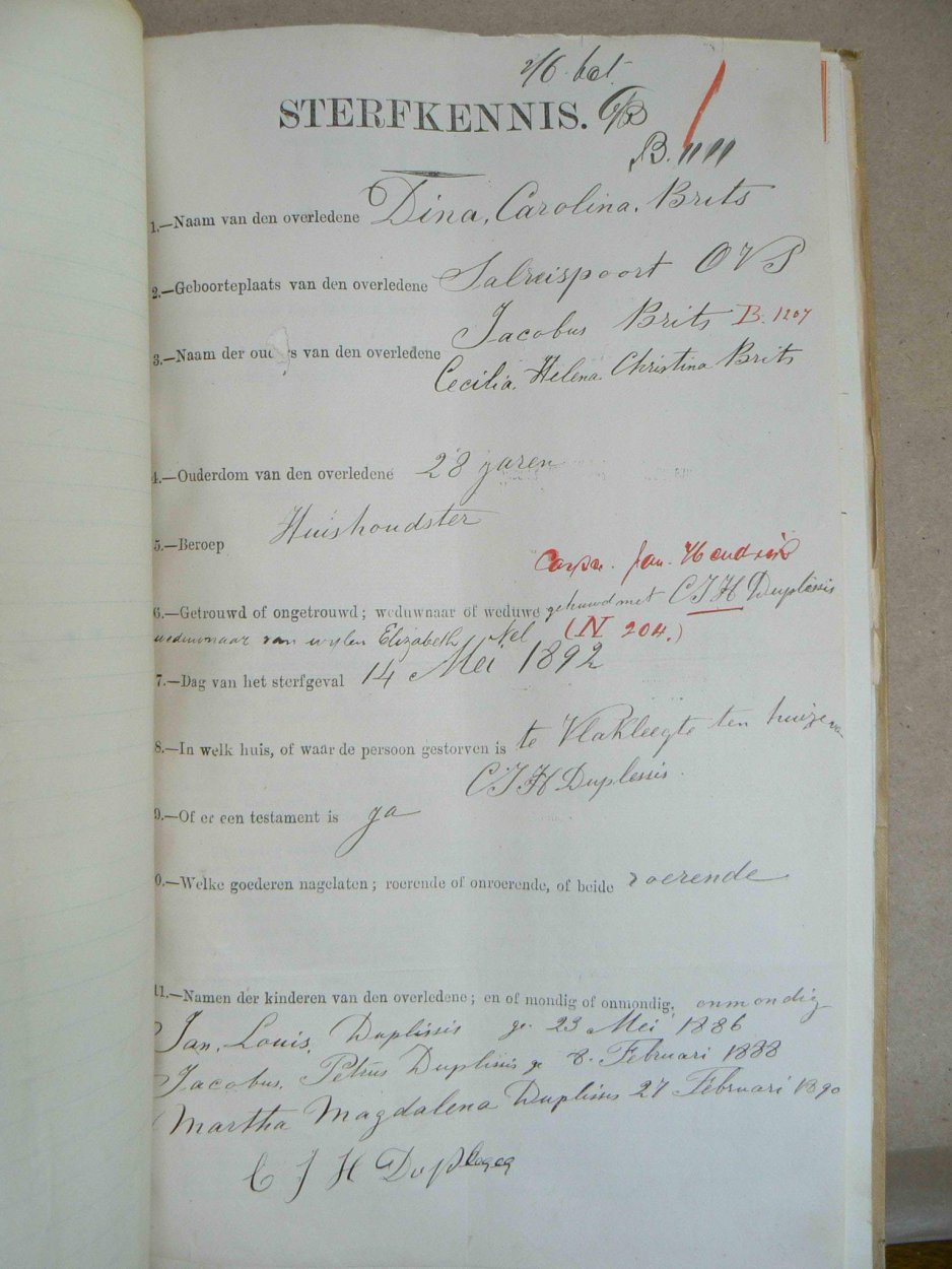 PLESSIS Dina Carolina DU nee BRITS - oorlede 14 Mei 1892 PLESSIS Dina Carolina DU nee BRITS - oorlede 14 Mei 1892