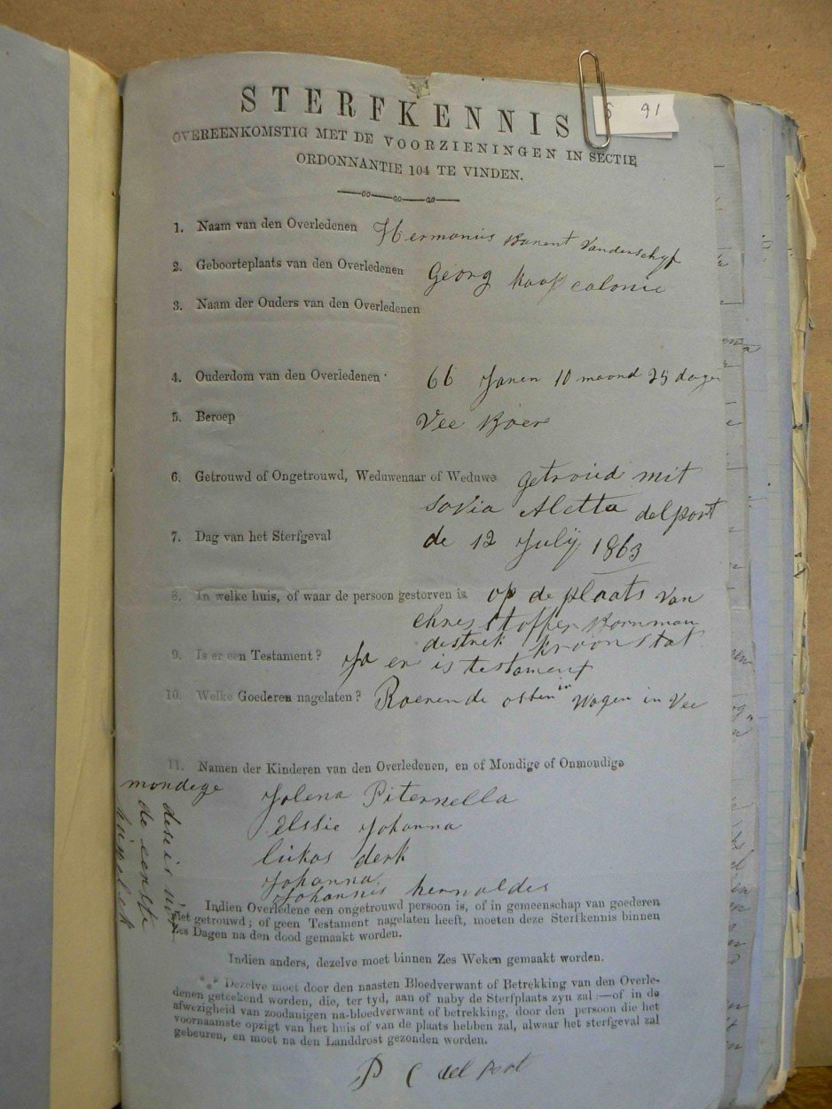 SCHYF Hermanus Barend VAN DER died 12 July 1863 SCHYF Hermanus Barend VAN DER died 12 July 1863