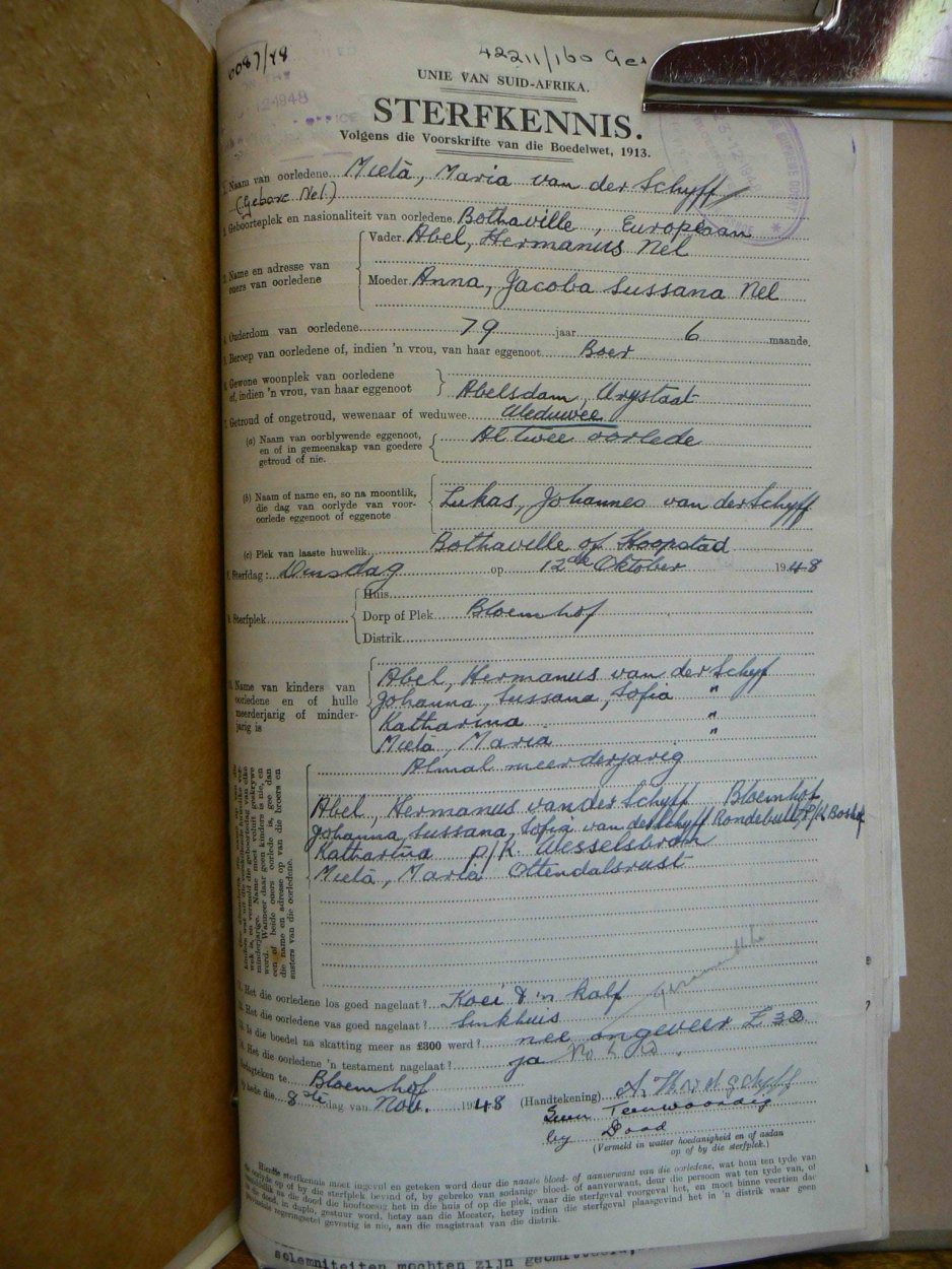 SCHYF Mietha Maria VAN DER born NEL died 12 October 1948 SCHYF Mietha Maria VAN DER born NEL died 12 October 1948