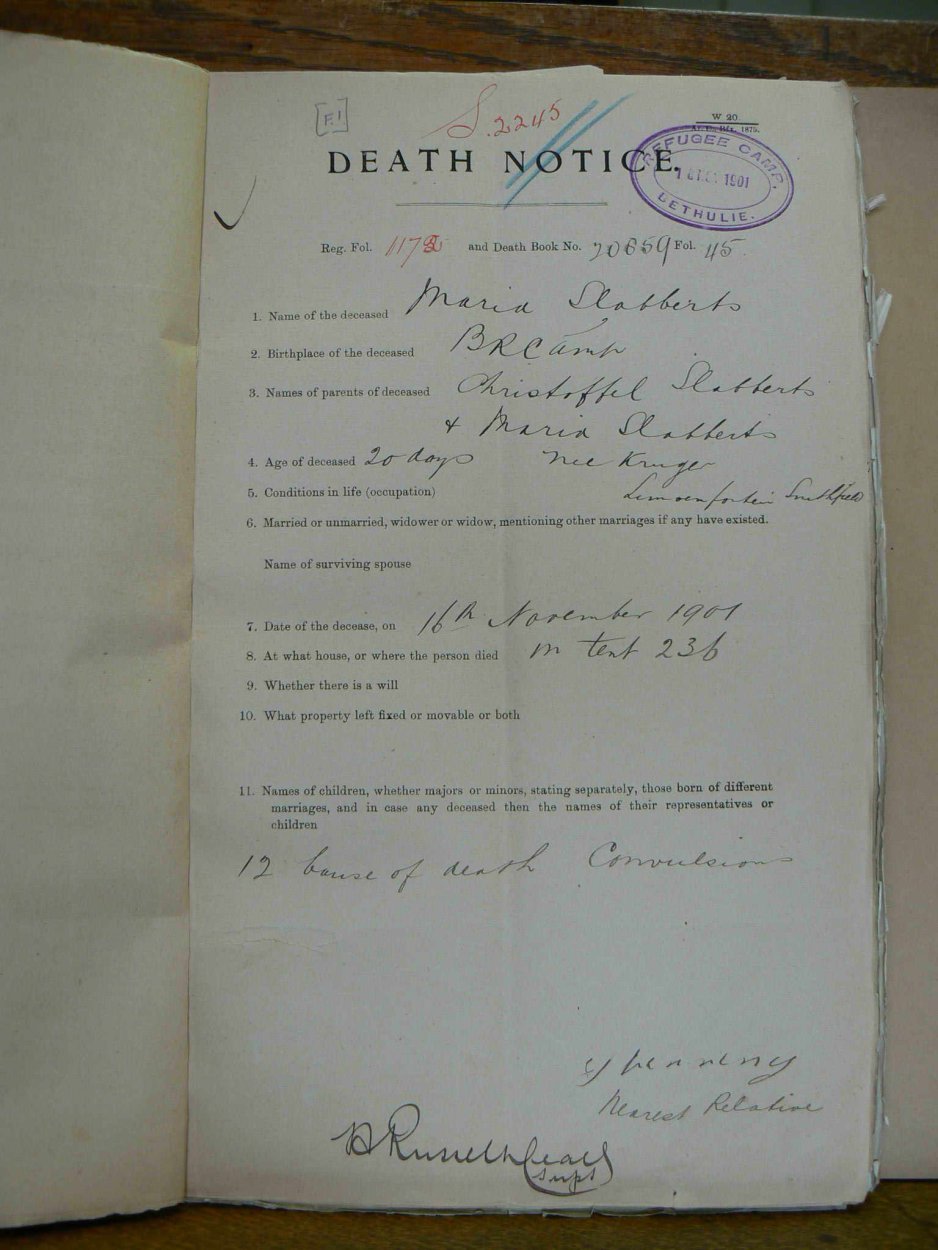 SLABBERTS Maria died 16 November 1901 SLABBERTS Maria died 16 November 1901