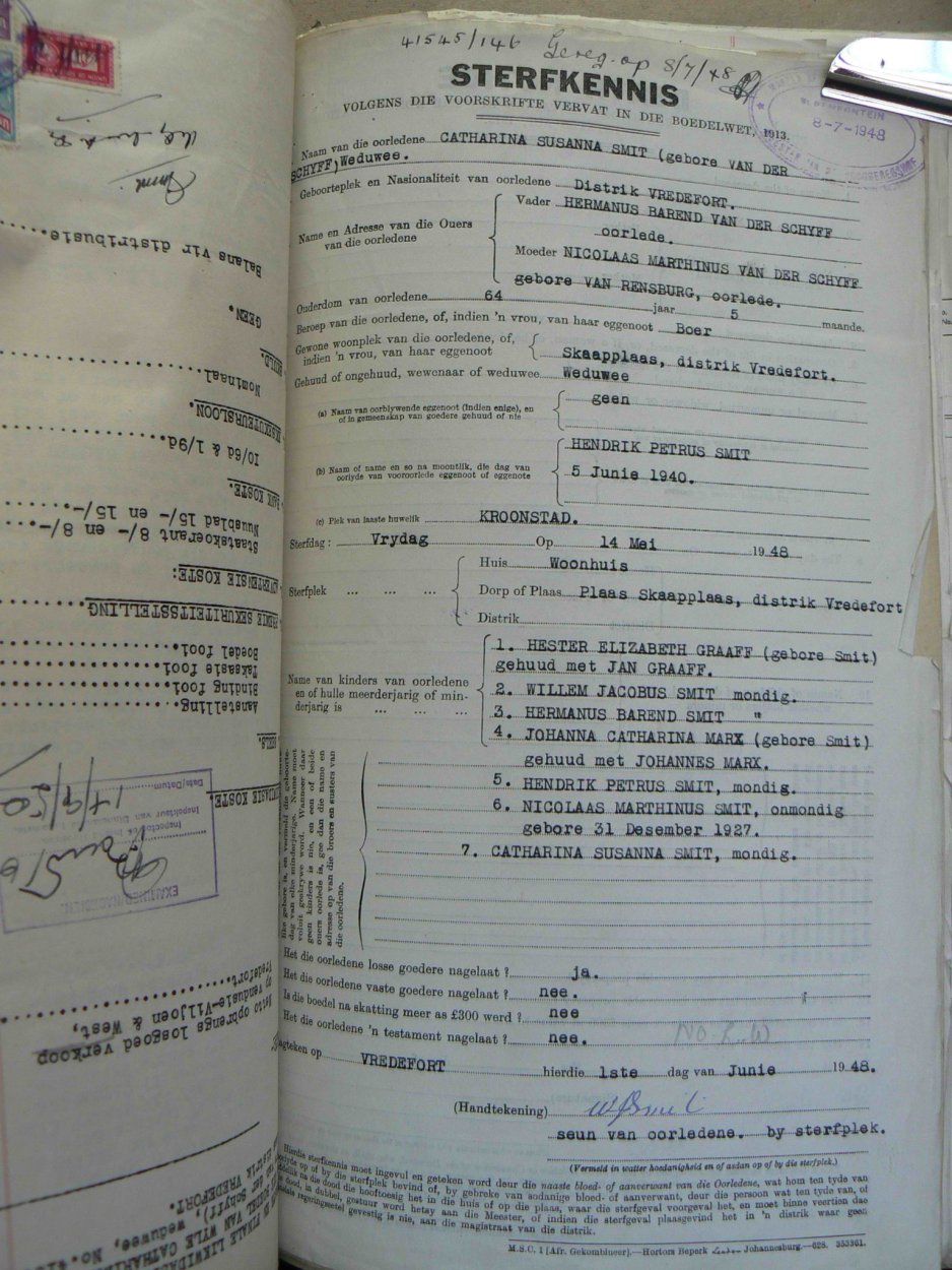 SMIT Catherina Susanna born VAN DER SCHYFF died 14 May 1948 SMIT Catherina Susanna born VAN DER SCHYFF died 14 May 1948