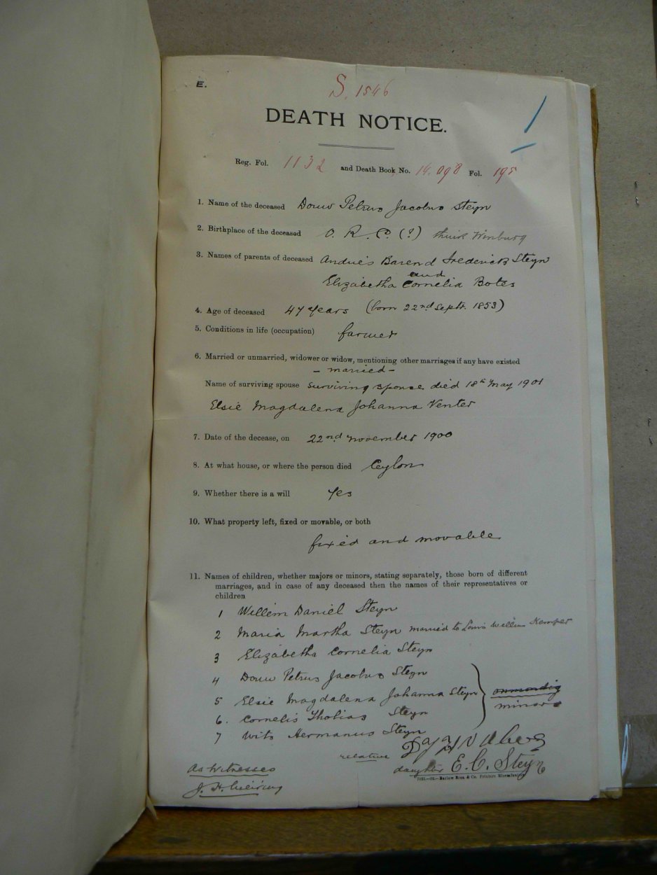 STEYN Douw Petrus died 22 November 1900 STEYN Douw Petrus died 22 November 1900
