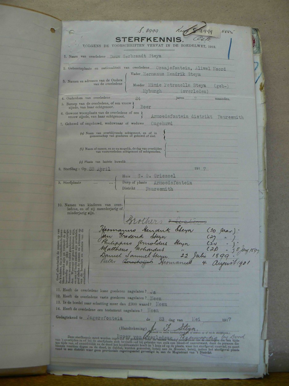 STEYN Douw Gerbrandt died 28 April 1917 STEYN Douw Gerbrandt died 28 April 1917