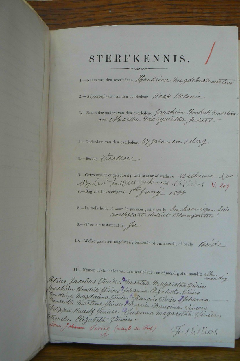 VIVIERS Hendrina Magdalena born MAARTENS died 1 June 1888 VIVIERS Hendrina Magdalena born MAARTENS died 1 June 1888