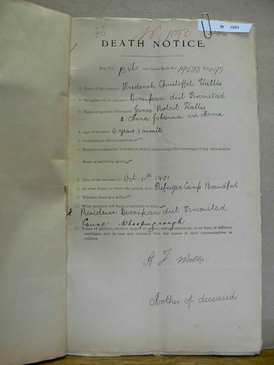 WALLIS Frederick Christoffel died 11 October 1901 WALLIS Frederick Christoffel died 11 October 1901