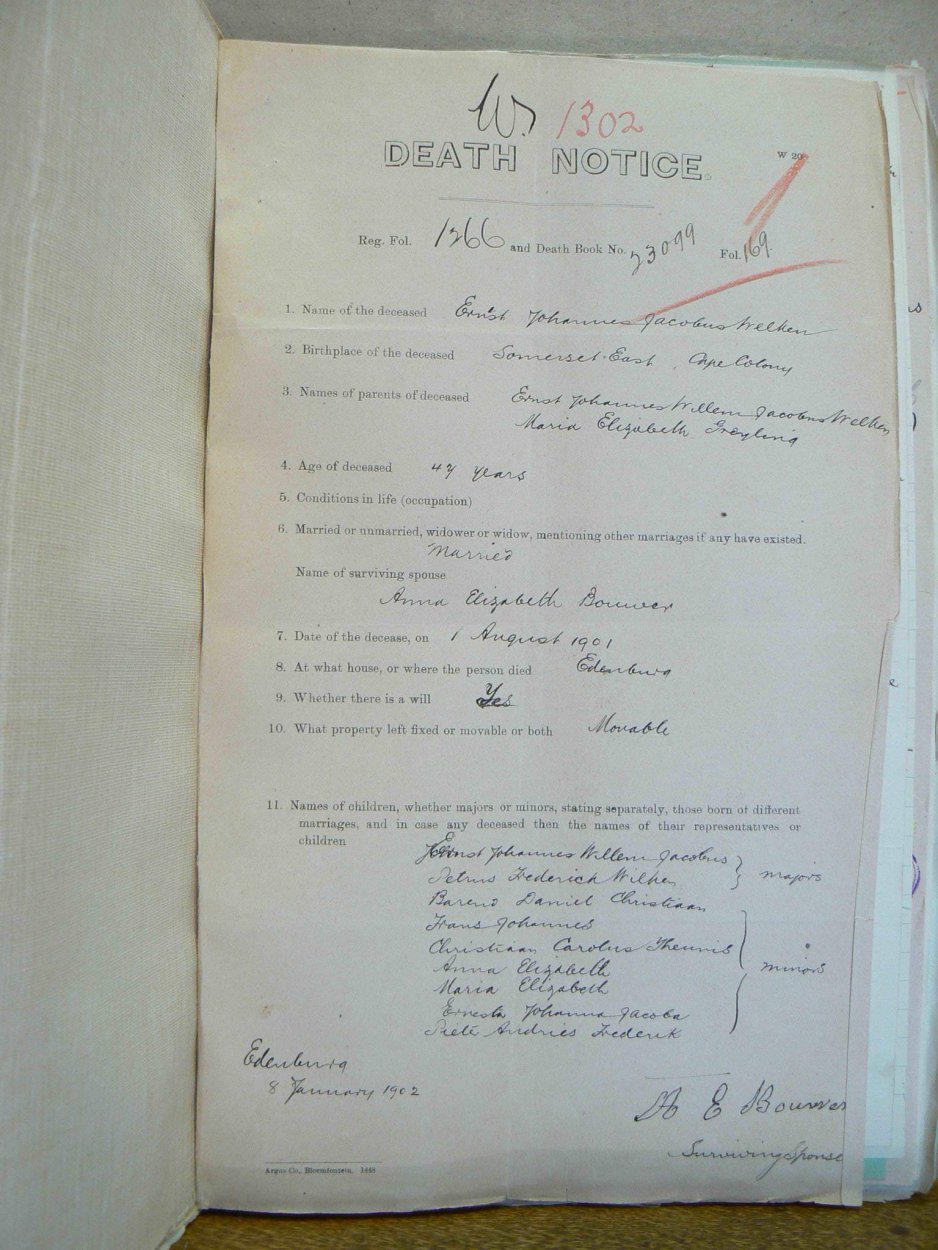 WELKEN Ernest Johannes Jacobus - oorlede 1 Aug 1901 WELKEN Ernest Johannes Jacobus - oorlede 1 Aug 1901