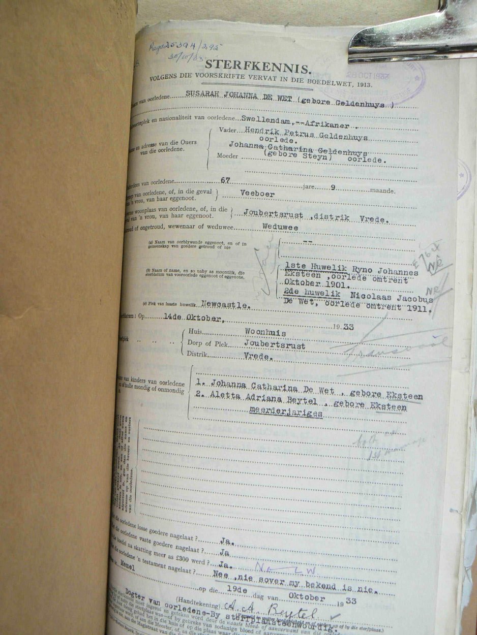 WET Susarah Johanna DE nee GELDENHUYS voorheen EKSTEEN - oorlede 14 Okt 1933 WET Susarah Johanna DE nee GELDENHUYS voorheen EKSTEEN - oorlede 14 Okt 1933