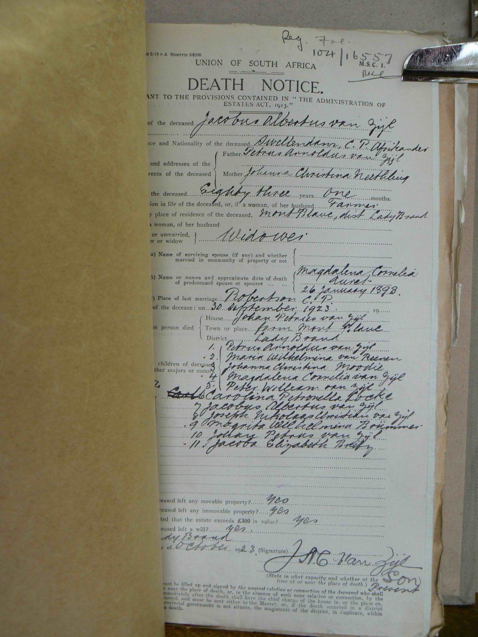 ZYL Jacobus Albertus VAN died 30 September 1923 ZYL Jacobus Albertus VAN died 30 September 1923