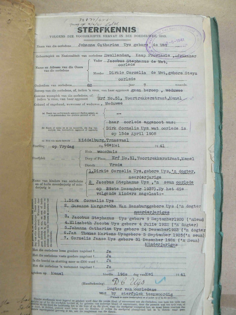 UYS Johanna Catharina nee DE WET - oorlede 9 Mei 1941 UYS Johanna Catharina nee DE WET - oorlede 9 Mei 1941